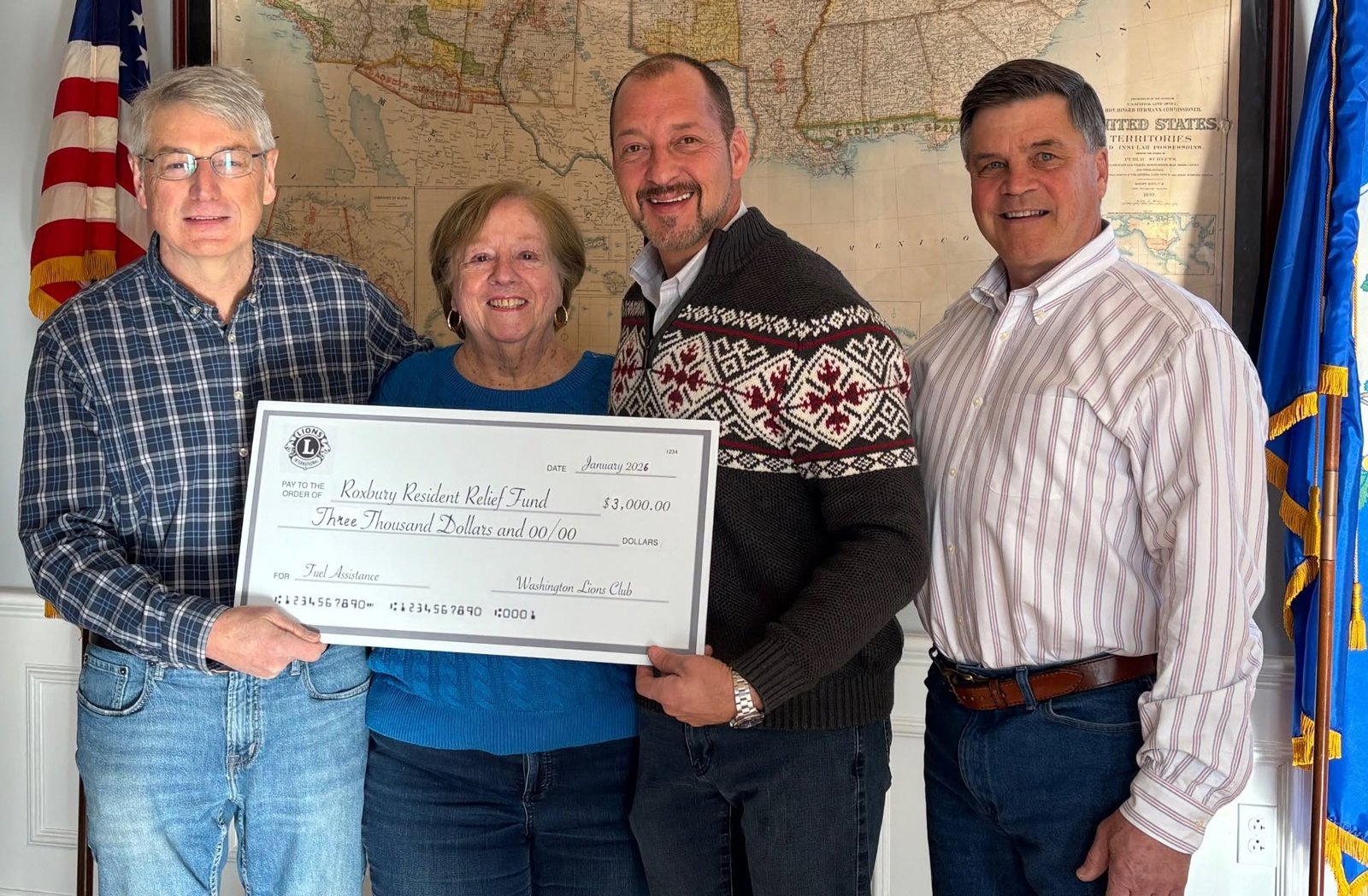 Washington Lions Club presenting a $3,000 check to the Roxbury Resident Relief Fund for fuel assistance